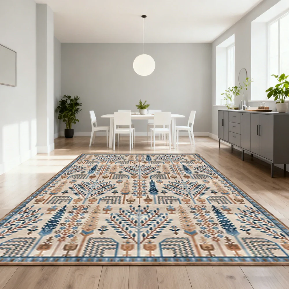 LIVARA 160/200cm Gabbeh Tree-Pattern Loop-Pile Rug - Upgraded Non-Slip Eco Cotton-Latex Backing - Waterproof, Stain-Resistant, Soft & Durable - Beige Blue - Image 2