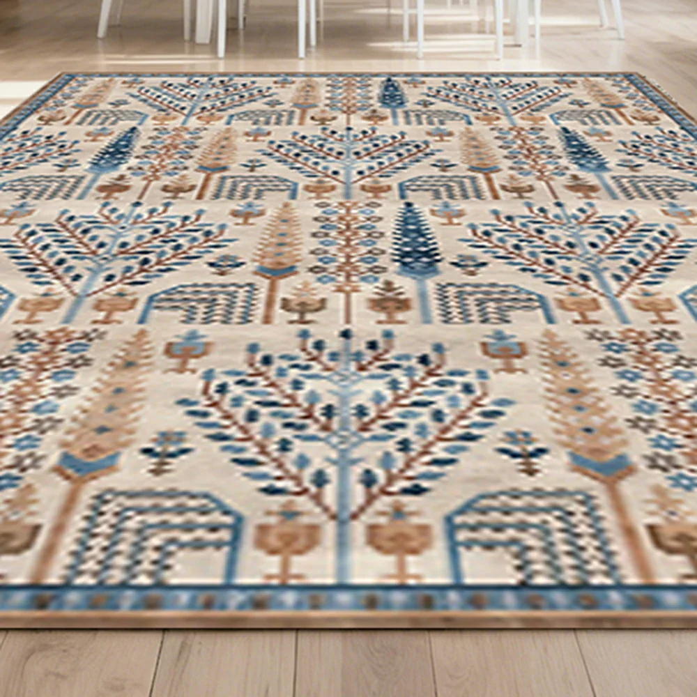 LIVARA 160/200cm Gabbeh Tree-Pattern Loop-Pile Rug - Upgraded Non-Slip Eco Cotton-Latex Backing - Waterproof, Stain-Resistant, Soft & Durable - Beige Blue - Image 3