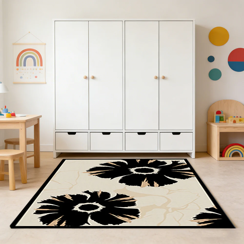 LIVARA 160/200cm Modern Floral Loop-Pile Rug - Upgraded Non-Slip Eco Cotton-Latex Backing - Waterproof, Stain-Resistant, Soft & Durable - Black Beige - Image 2