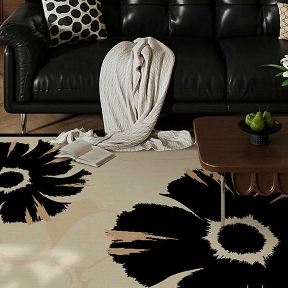 LIVARA 160/200cm Modern Floral Loop-Pile Rug - Upgraded Non-Slip Eco Cotton-Latex Backing - Waterproof, Stain-Resistant, Soft & Durable - Black Beige - Image 3