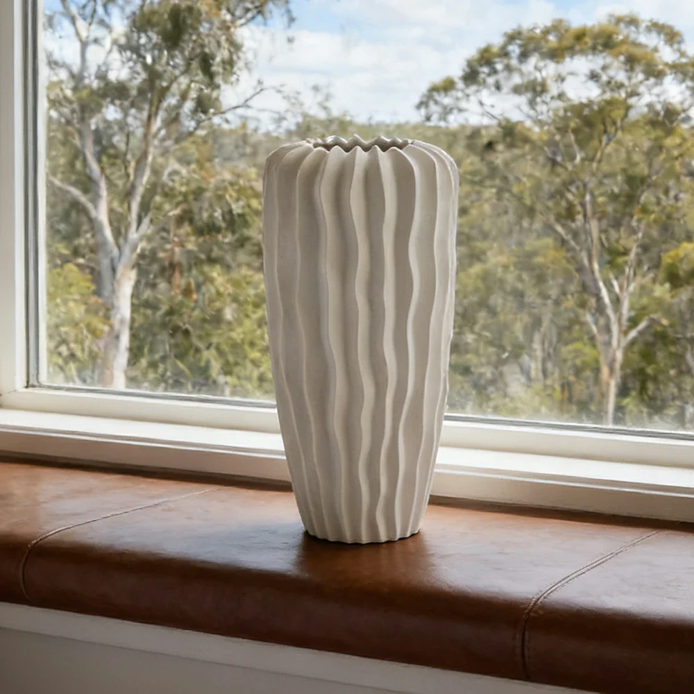 LIVARA Ceramic Decorative Ornament Bana Vase Artistic Display Matte Ceramic Handcrafted Stone-Texture Design - White - Image 4