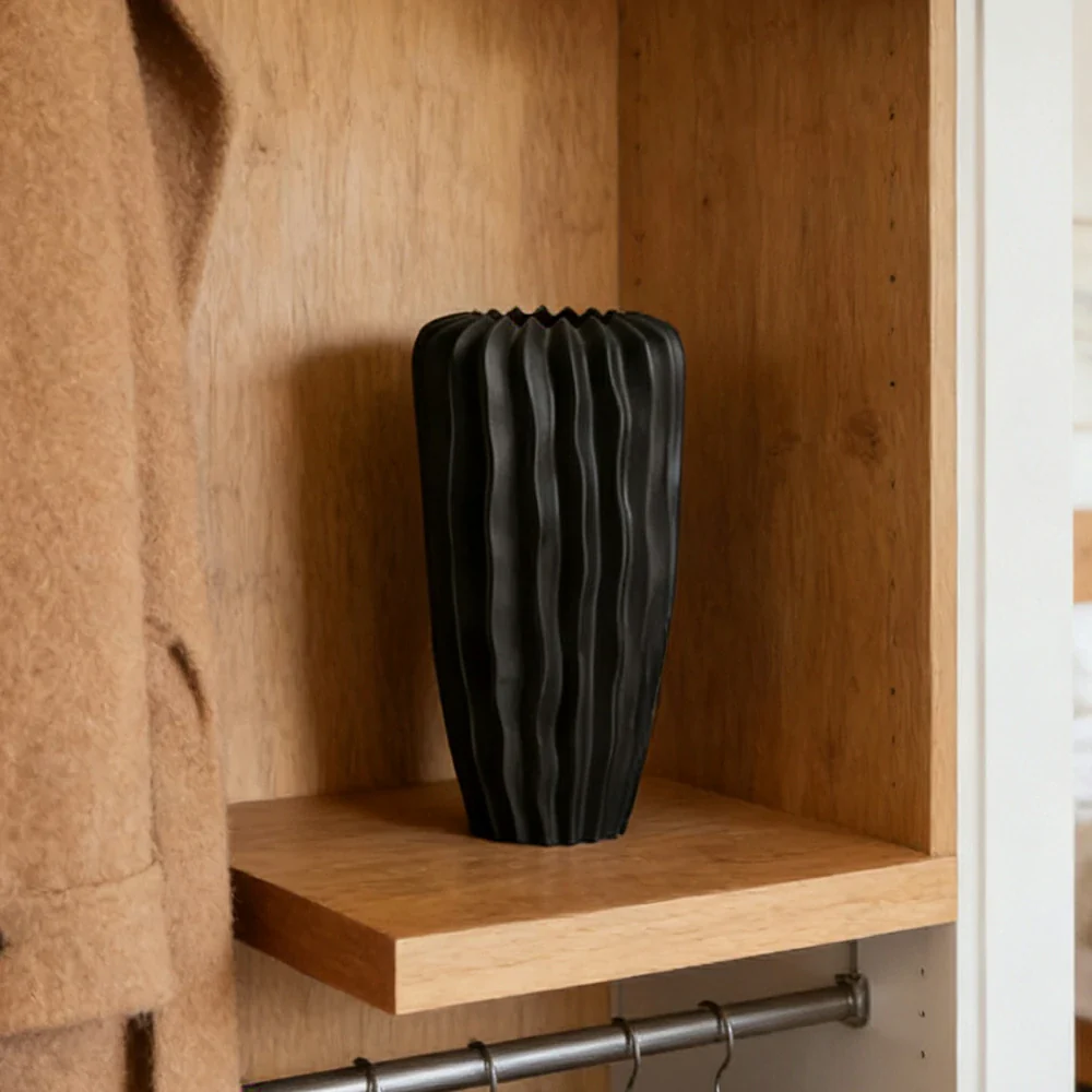 LIVARA Ceramic Decorative Ornament Bana Vase Artistic Display Matte Ceramic Handcrafted Stone-Texture Design - Black - Image 2