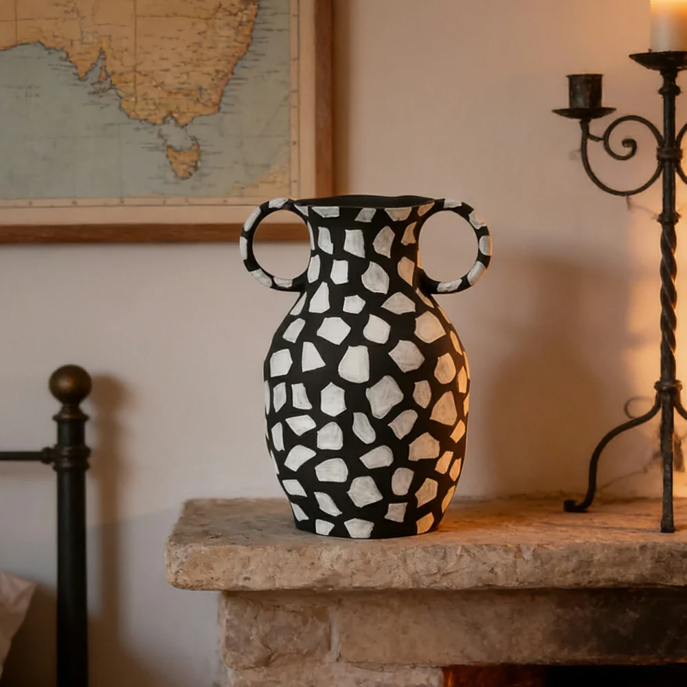 LIVARA Ceramic Decorative Ornament Double-Handle Polka Dot Vase Artistic Display Matte Ceramic Handcrafted Stone-Texture Design - Image 2