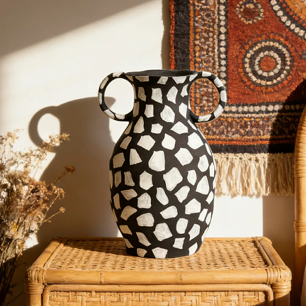 LIVARA Ceramic Decorative Ornament Double-Handle Polka Dot Vase Artistic Display Matte Ceramic Handcrafted Stone-Texture Design - Image 4