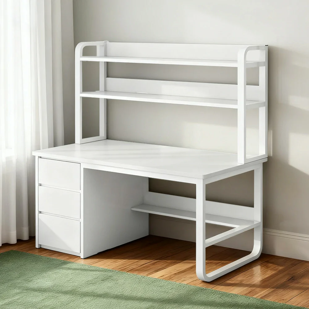 LIVARA Bookshelf Computer Desk 100/120/140cm 2-in-1 Space-Saving Design, Thickened Panels, Steel Frame - White - Image 9