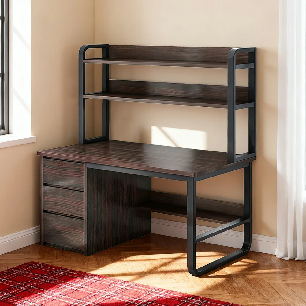 LIVARA Bookshelf Computer Desk 100/120/140cm 2-in-1 Space-Saving Design, Thickened Panels, Steel Frame - Walnut - Image 4