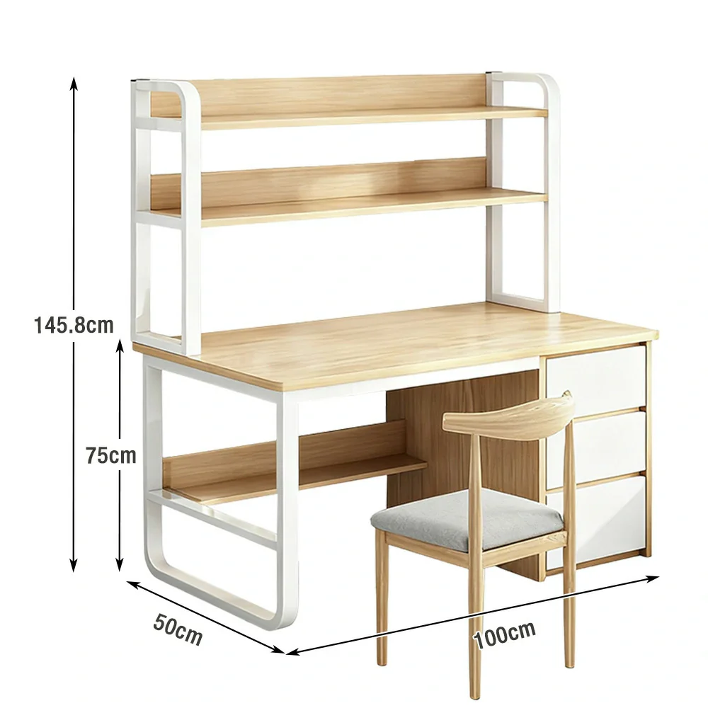 LIVARA Bookshelf Office Desk and Chair Set 100/120/140cm 2-in-1 Space-Saving Design, Thickened Panels, Steel Frame - Wood - Image 5
