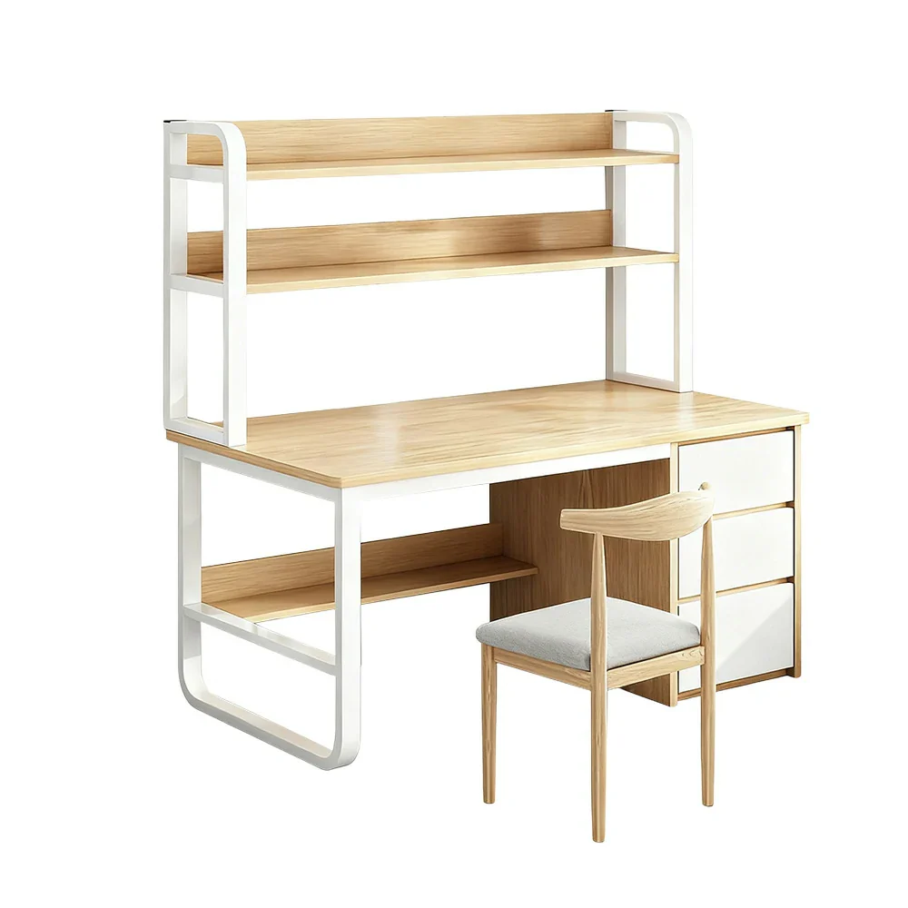 LIVARA Bookshelf Office Desk and Chair Set 100/120/140cm 2-in-1 Space-Saving Design, Thickened Panels, Steel Frame - Wood - Image 6