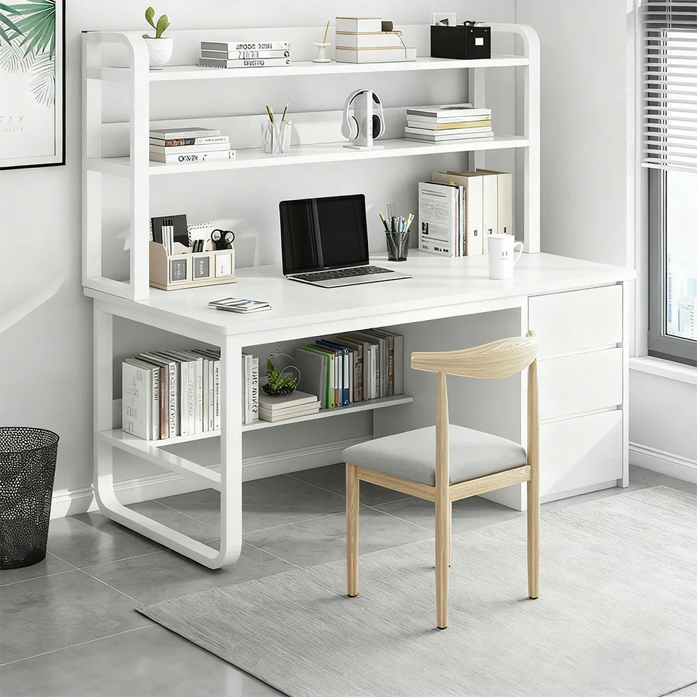 LIVARA Bookshelf Office Desk and Chair Set 100/120/140cm 2-in-1 Space-Saving Design, Thickened Panels, Steel Frame - White - Image 12
