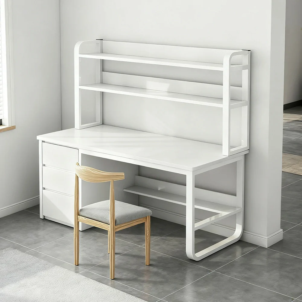 LIVARA Bookshelf Office Desk and Chair Set 100/120/140cm 2-in-1 Space-Saving Design, Thickened Panels, Steel Frame - White - Image 14