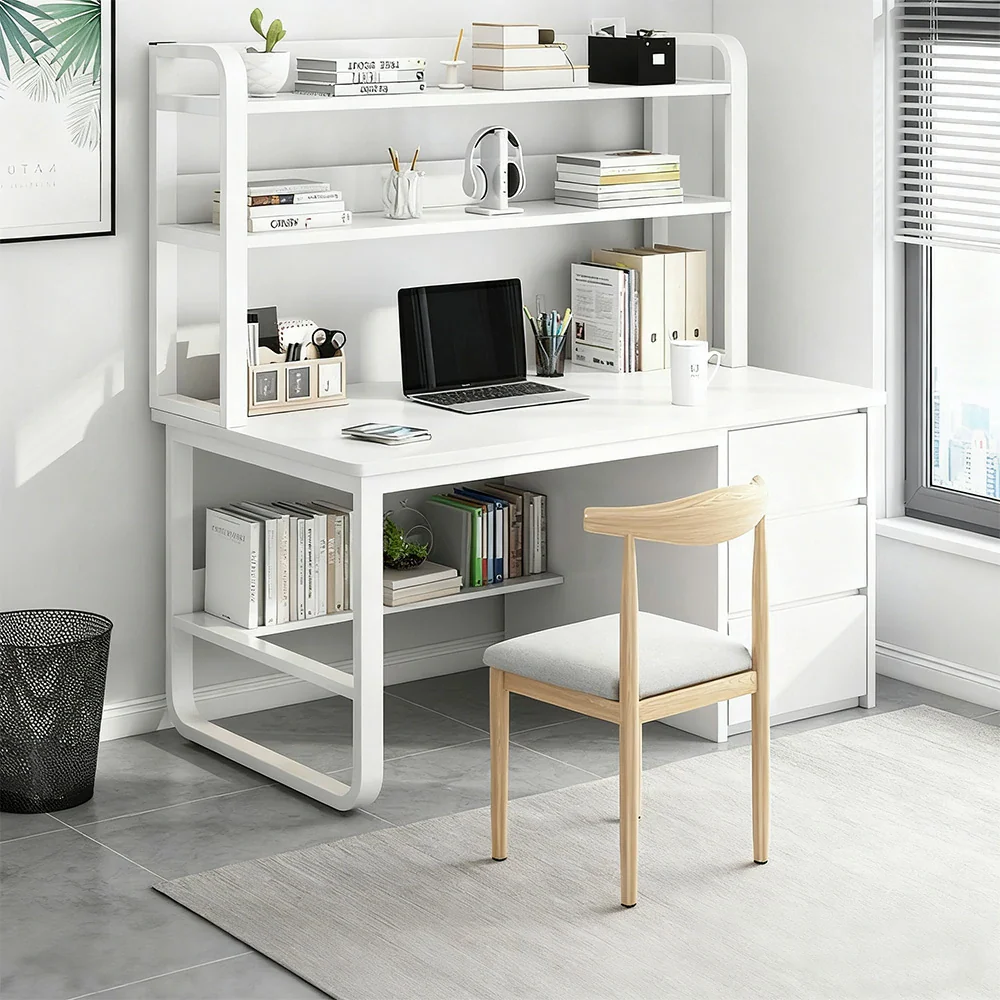LIVARA Bookshelf Office Desk and Chair Set 100/120/140cm 2-in-1 Space-Saving Design, Thickened Panels, Steel Frame - White - Image 2