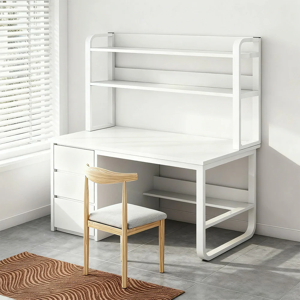 LIVARA Bookshelf Office Desk and Chair Set 100/120/140cm 2-in-1 Space-Saving Design, Thickened Panels, Steel Frame - White - Image 4
