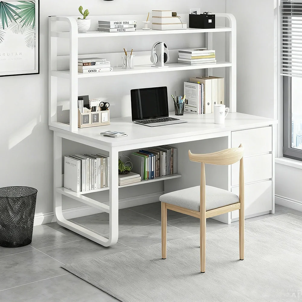LIVARA Bookshelf Office Desk and Chair Set 100/120/140cm 2-in-1 Space-Saving Design, Thickened Panels, Steel Frame - White - Image 7