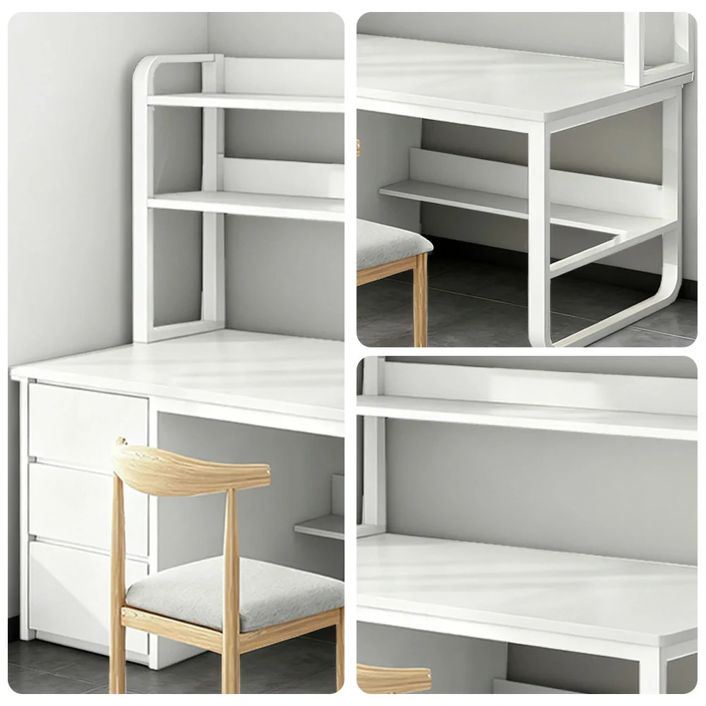 LIVARA Bookshelf Office Desk and Chair Set 100/120/140cm 2-in-1 Space-Saving Design, Thickened Panels, Steel Frame - White - Image 8