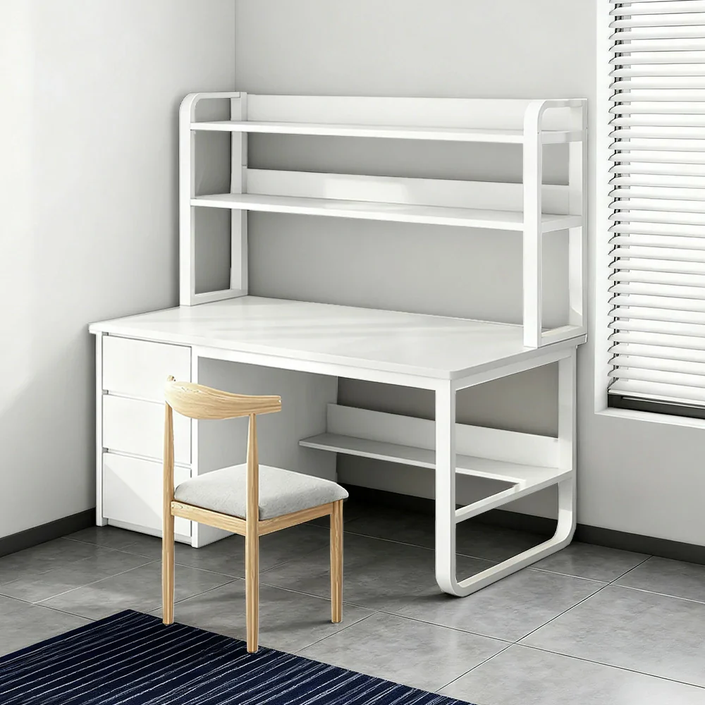 LIVARA Bookshelf Office Desk and Chair Set 100/120/140cm 2-in-1 Space-Saving Design, Thickened Panels, Steel Frame - White - Image 9
