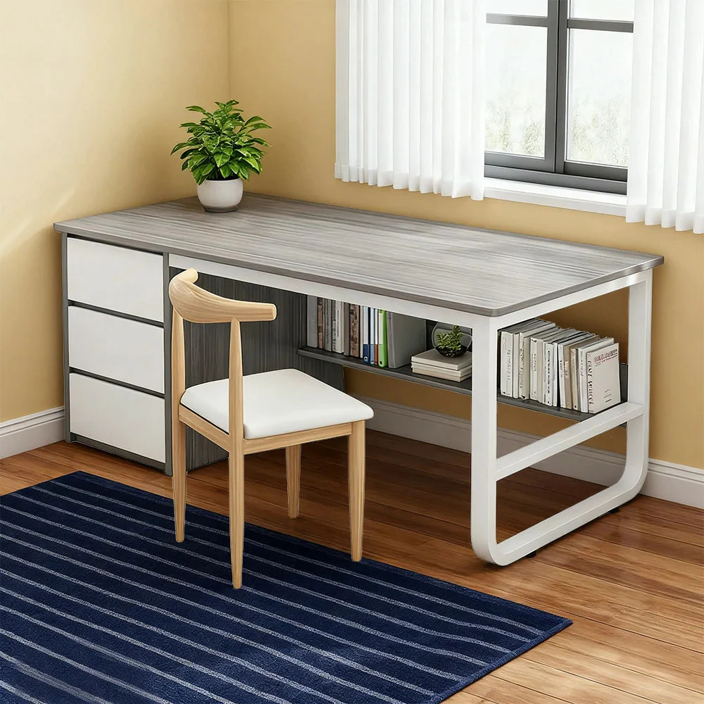 LIVARA Office Desk and Chair Set 100/120/140cm Space-Saving Design, Thickened Panels, Stable U-Legs, Rounded Edge - Grey - Image 14