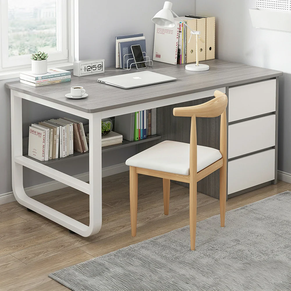LIVARA Office Desk and Chair Set 100/120/140cm Space-Saving Design, Thickened Panels, Stable U-Legs, Rounded Edge - Grey - Image 2