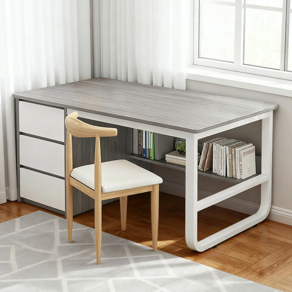 LIVARA Office Desk and Chair Set 100/120/140cm Space-Saving Design, Thickened Panels, Stable U-Legs, Rounded Edge - Grey - Image 4