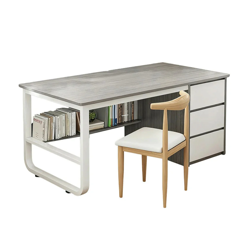 LIVARA Office Desk and Chair Set 100/120/140cm Space-Saving Design, Thickened Panels, Stable U-Legs, Rounded Edge - Grey - Image 6