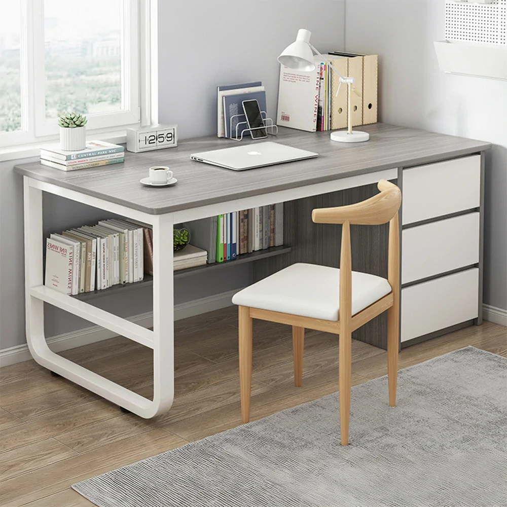 LIVARA Office Desk and Chair Set 100/120/140cm Space-Saving Design, Thickened Panels, Stable U-Legs, Rounded Edge - Grey - Image 7