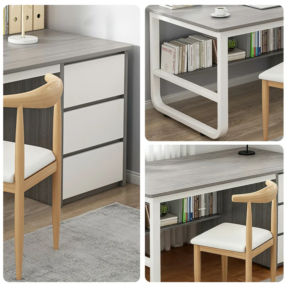 LIVARA Office Desk and Chair Set 100/120/140cm Space-Saving Design, Thickened Panels, Stable U-Legs, Rounded Edge - Grey - Image 8