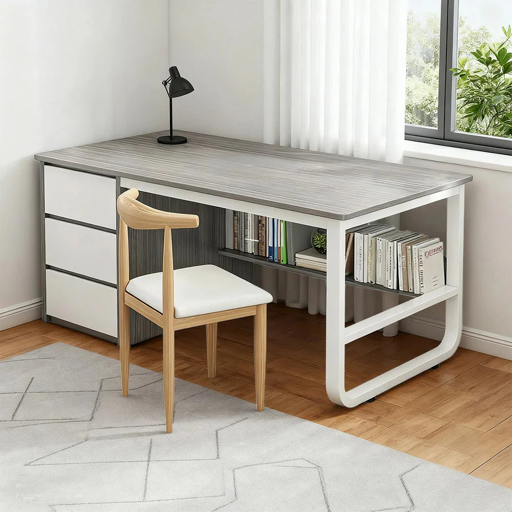 LIVARA Office Desk and Chair Set 100/120/140cm Space-Saving Design, Thickened Panels, Stable U-Legs, Rounded Edge - Grey - Image 9