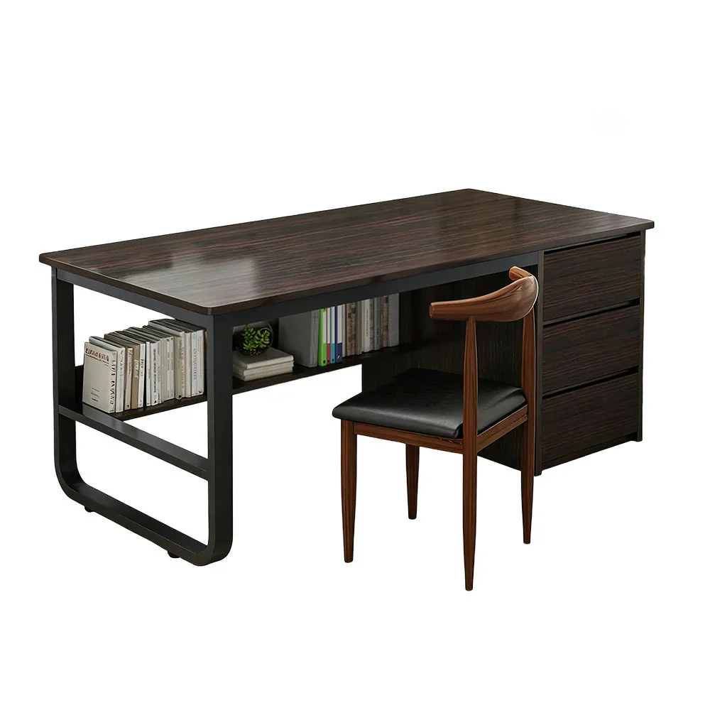 LIVARA Office Desk and Chair Set 100/120/140cm Space-Saving Design, Thickened Panels, Stable U-Legs, Rounded Edge - Walnut - Image 11