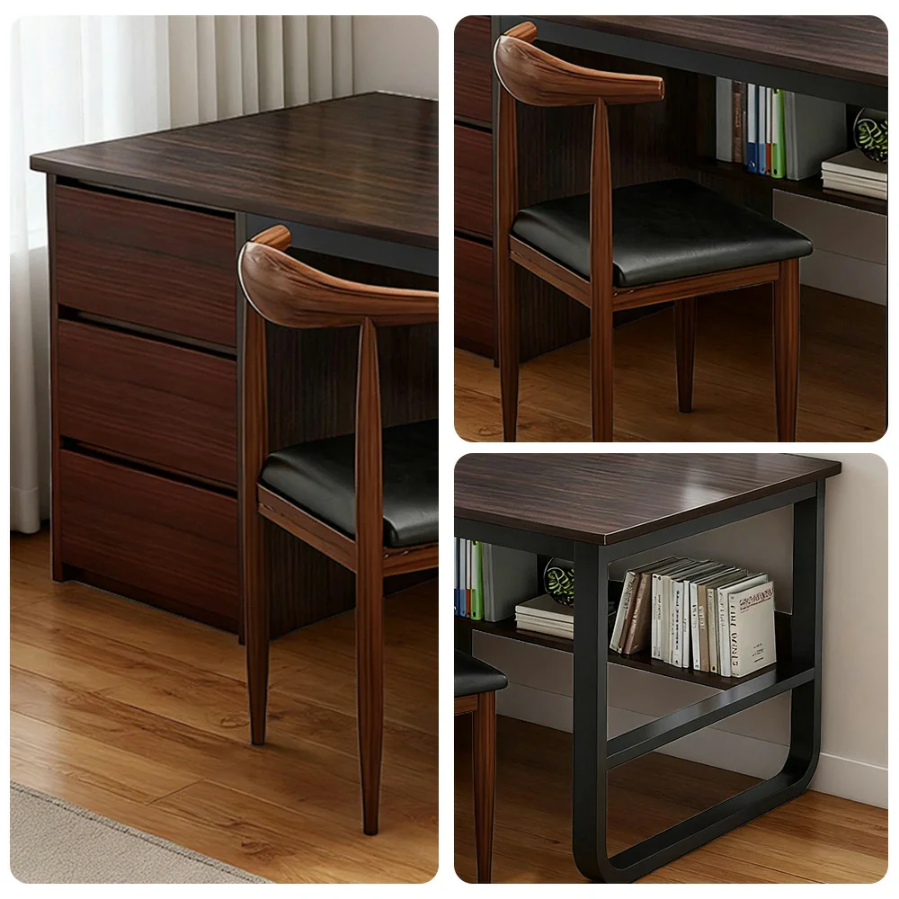 LIVARA Office Desk and Chair Set 100/120/140cm Space-Saving Design, Thickened Panels, Stable U-Legs, Rounded Edge - Walnut - Image 3