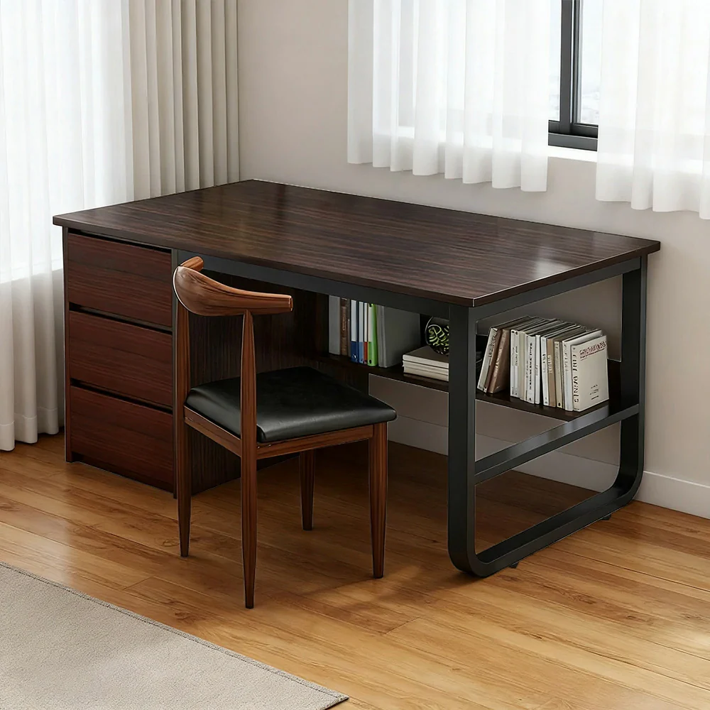 LIVARA Office Desk and Chair Set 100/120/140cm Space-Saving Design, Thickened Panels, Stable U-Legs, Rounded Edge - Walnut - Image 4
