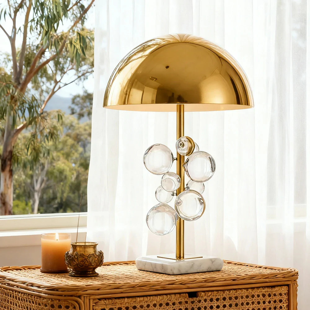 LIVARA 52/58cm Table Lamp Electroplated Metal Shade Natural Marble Base Crystal Ball Lighting Soft Warm Light & Artistic Design - Image 4