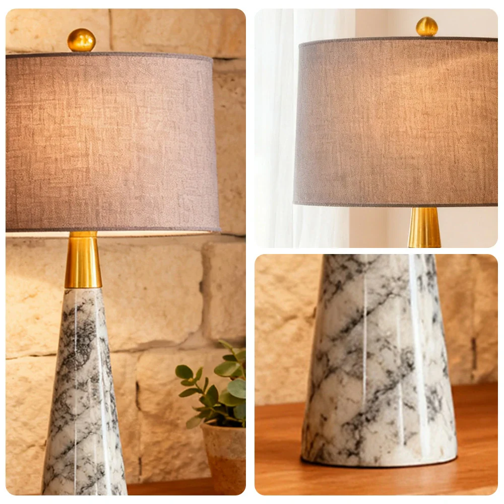 LIVARA Table Lamp Creative Design Soft Fabric Shade Natural Marble Base E27 Socket - Grey - Image 3
