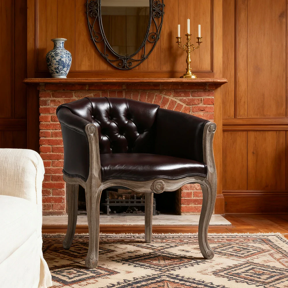 LIVARA Deep Blue Vintage Accent Armchair - Retro PU Leather, Solid Wood Frame, Tufted Backrest, Elegant Living Room Single Sofa Chair - Brown - Image 2