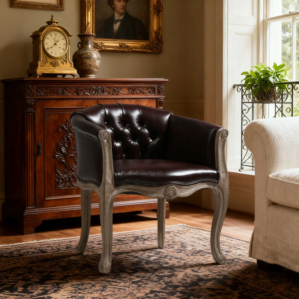 LIVARA Deep Blue Vintage Accent Armchair - Retro PU Leather, Solid Wood Frame, Tufted Backrest, Elegant Living Room Single Sofa Chair - Brown - Image 4