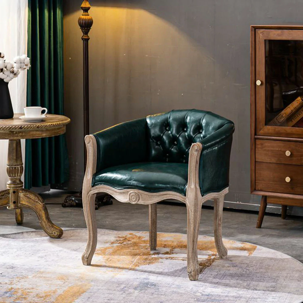 LIVARA Sea Blue Vintage Accent Armchair - Retro PU Leather, Solid Wood Frame, Tufted Backrest, Elegant Living Room Single Sofa Chair - Green - Image 2