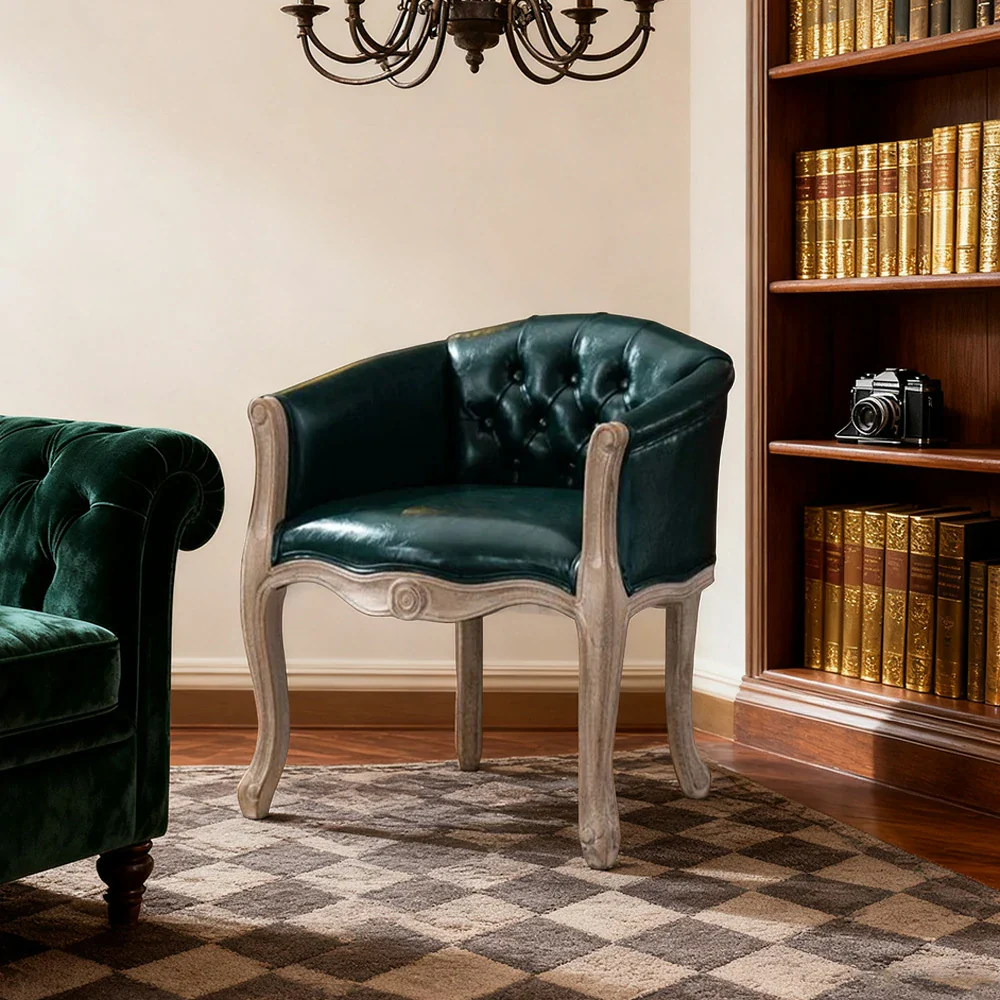 LIVARA Sea Blue Vintage Accent Armchair - Retro PU Leather, Solid Wood Frame, Tufted Backrest, Elegant Living Room Single Sofa Chair - Green - Image 4