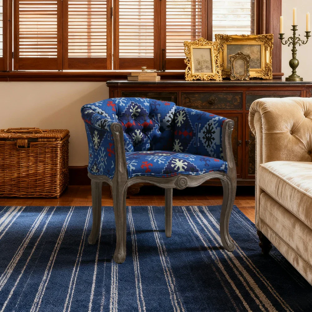 LIVARA Bohemian Vintage Accent Armchair - Colorful Fabric Upholstery, Solid Wood Frame, Tufted Backrest, Elegant Living Room Single Sofa Chair - Blue Bohemian Style - Image 2