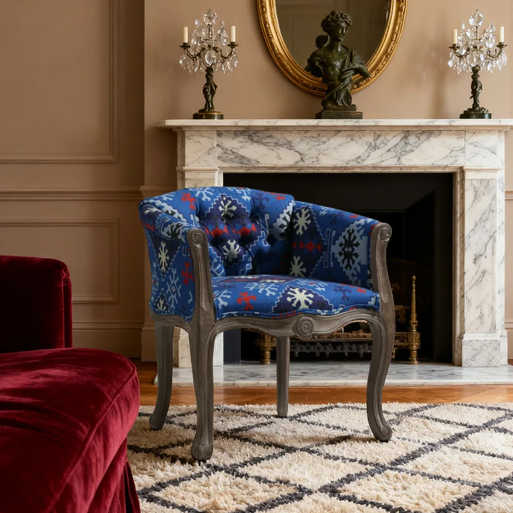 LIVARA Bohemian Vintage Accent Armchair - Colorful Fabric Upholstery, Solid Wood Frame, Tufted Backrest, Elegant Living Room Single Sofa Chair - Blue Bohemian Style - Image 3