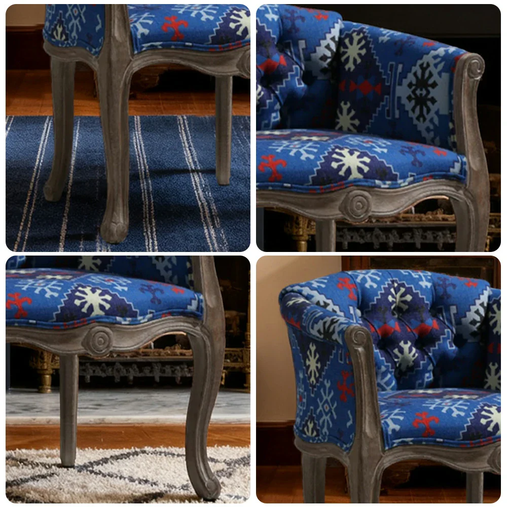 LIVARA Bohemian Vintage Accent Armchair - Colorful Fabric Upholstery, Solid Wood Frame, Tufted Backrest, Elegant Living Room Single Sofa Chair - Blue Bohemian Style - Image 4