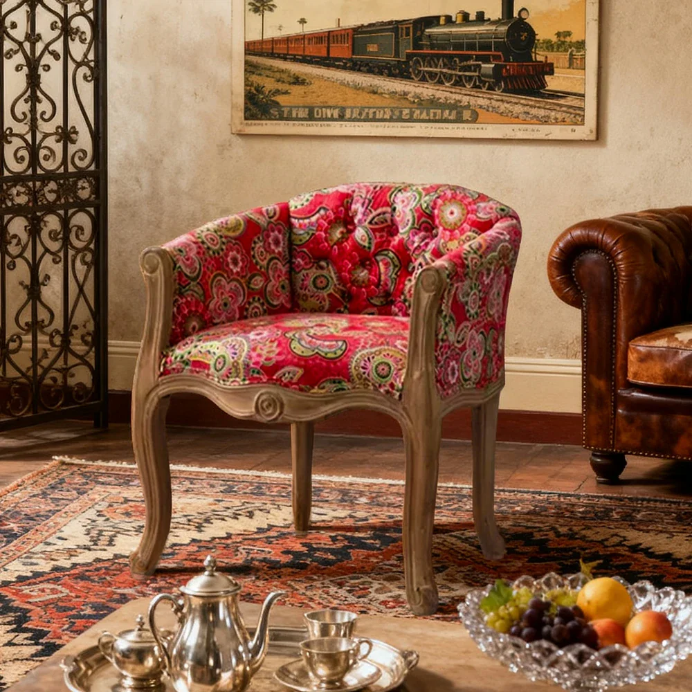 LIVARA Bohemian Vintage Accent Armchair - Colorful Fabric Upholstery, Solid Wood Frame, Tufted Backrest, Elegant Living Room Single Sofa Chair - Pink - Image 4