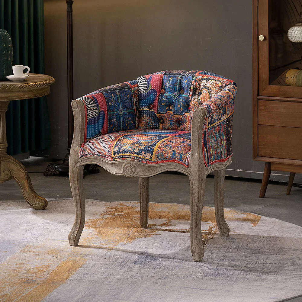LIVARA Color Patchwork Vintage Accent Armchair - Colorful Patchwork Fabric Upholstery, Solid Wood Frame, Tufted Backrest, Elegant Living Room Single Sofa Chair - Color Patchwork Fabric - Image 2