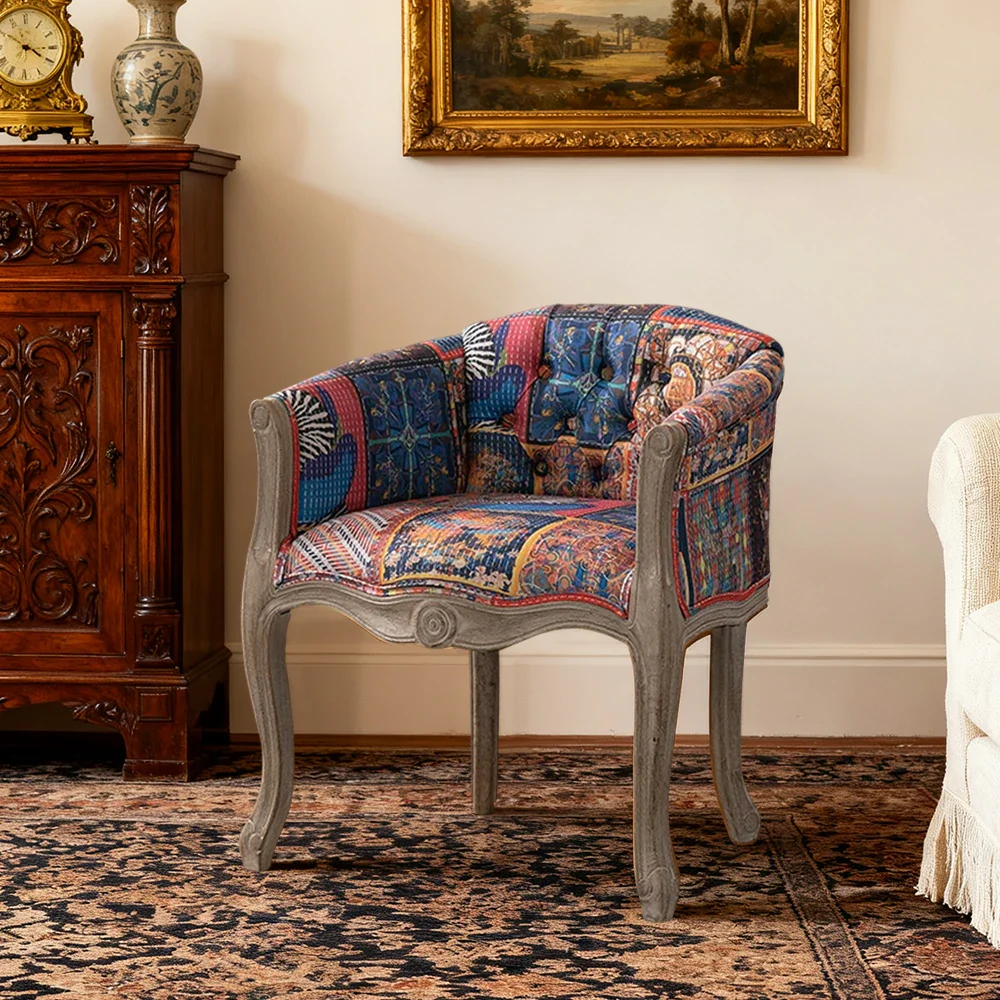 LIVARA Color Patchwork Vintage Accent Armchair - Colorful Patchwork Fabric Upholstery, Solid Wood Frame, Tufted Backrest, Elegant Living Room Single Sofa Chair - Color Patchwork Fabric - Image 4