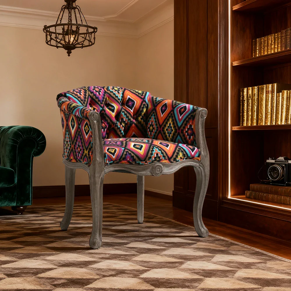 LIVARA Color Patchwork Vintage Accent Armchair - Colorful Patchwork Fabric Upholstery, Solid Wood Frame, Tufted Backrest, Elegant Living Room Single Sofa Chair - Multicolor Fabric - Image 4