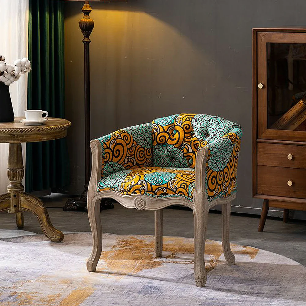 LIVARA Color Patchwork Vintage Accent Armchair - Colorful Patchwork Fabric Upholstery, Solid Wood Frame, Tufted Backrest, Elegant Living Room Single Sofa Chair - Green - Image 2
