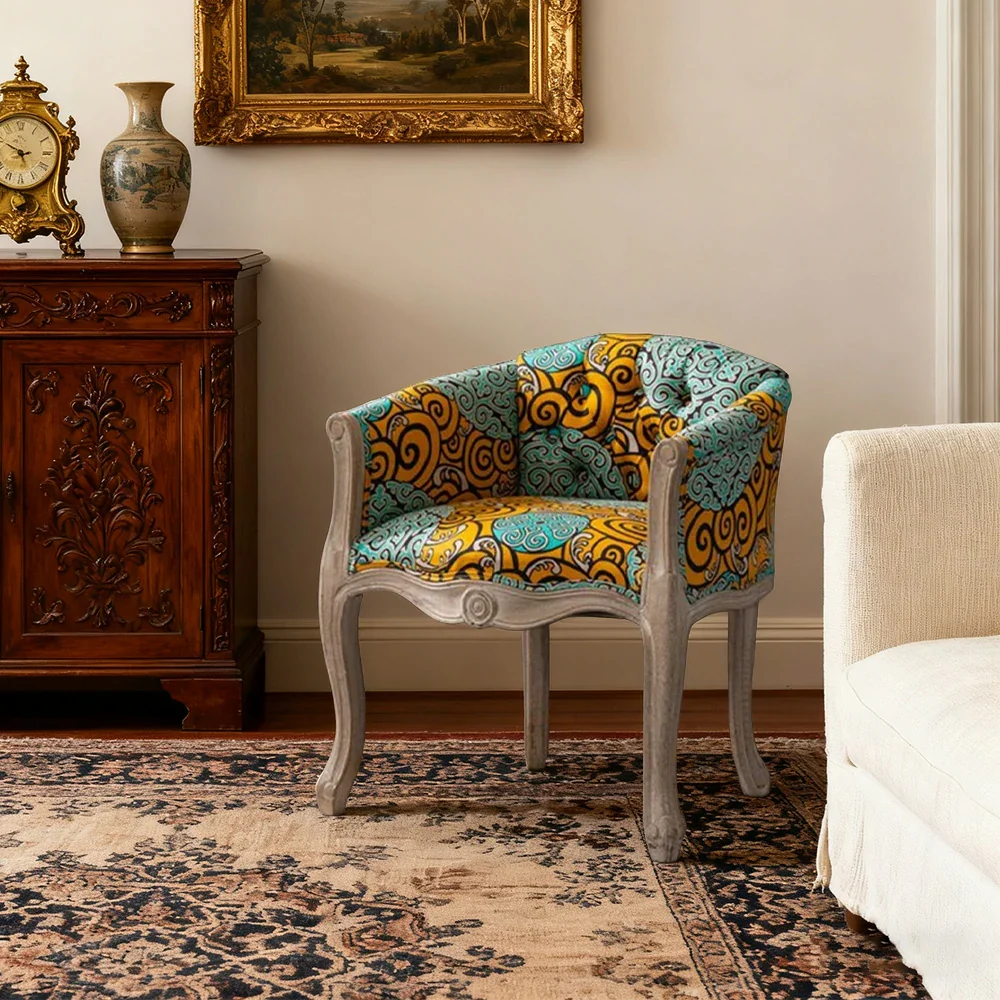 LIVARA Color Patchwork Vintage Accent Armchair - Colorful Patchwork Fabric Upholstery, Solid Wood Frame, Tufted Backrest, Elegant Living Room Single Sofa Chair - Green - Image 4