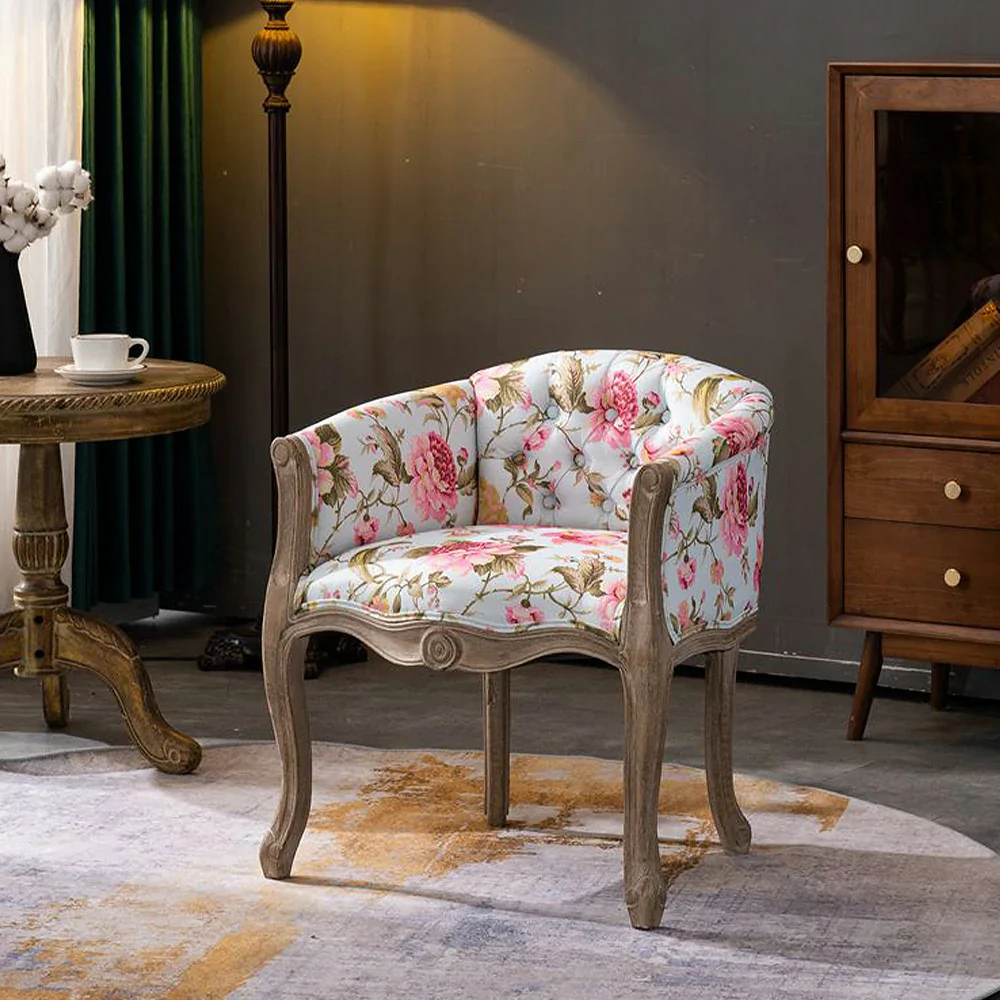 LIVARA Color Patchwork Vintage Accent Armchair - Colorful Patchwork Fabric Upholstery, Solid Wood Frame, Tufted Backrest, Elegant Living Room Single Sofa Chair - Pink - Image 2