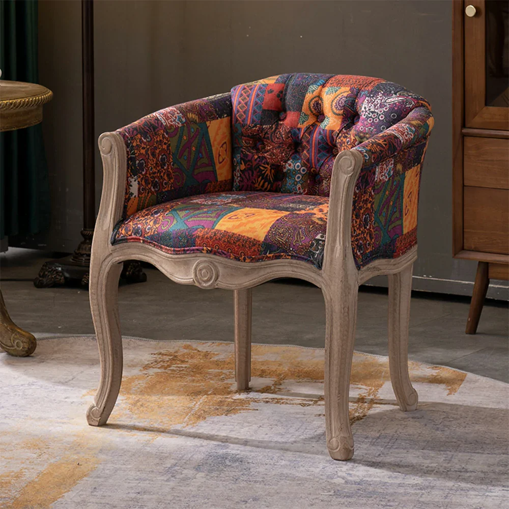 LIVARA Color Patchwork Vintage Accent Armchair - Colorful Patchwork Fabric Upholstery, Solid Wood Frame, Tufted Backrest, Elegant Living Room Single Sofa Chair - Purple - Image 2