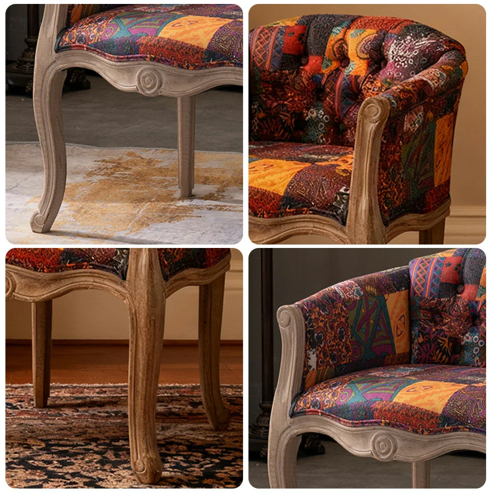 LIVARA Color Patchwork Vintage Accent Armchair - Colorful Patchwork Fabric Upholstery, Solid Wood Frame, Tufted Backrest, Elegant Living Room Single Sofa Chair - Purple - Image 3