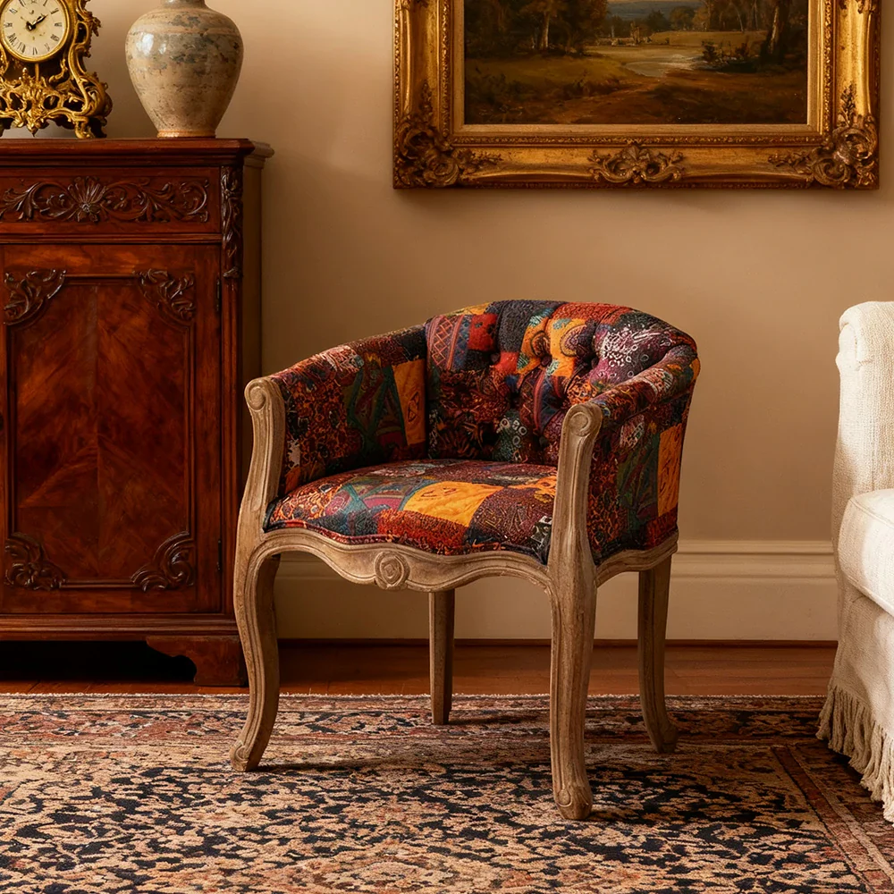 LIVARA Color Patchwork Vintage Accent Armchair - Colorful Patchwork Fabric Upholstery, Solid Wood Frame, Tufted Backrest, Elegant Living Room Single Sofa Chair - Purple - Image 4