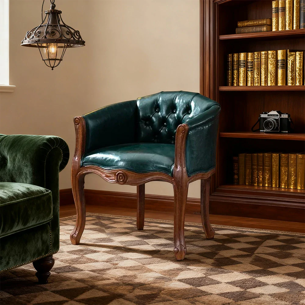 LIVARA Color Patchwork Vintage Accent Armchair - Colorful Patchwork Fabric Upholstery, Solid Wood Frame, Tufted Backrest, Elegant Living Room Single Sofa Chair - Green - Image 4