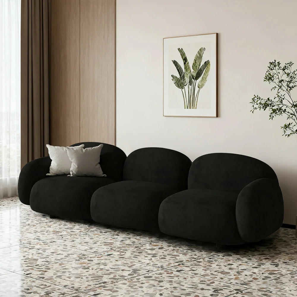 LIVARA 85/145/205cm Sofa Lamb Fleece Upholstered, Ergonomic Curved Design, High-Density Sponge, Soft Touch, Durable Comfort - Black - Image 12